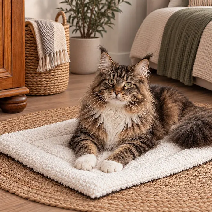 belviona Katzen-Wendedecke, gepolstert & waschbar, 75x55 cm -  - Flauschige weiße Haustiermatte mit einer Maine-Coon-Katze, die darauf liegt. Die Matte liegt auf einem geflochtenen Teppich in einem gemütlichen Raum.