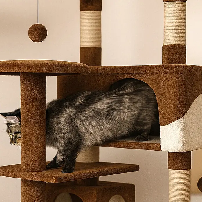 belviona Kratzbaum 130 cm mit Höhlen, Treppe & Spielbällen, braun/beige -  - Brauner Katzenbaum mit mehreren Ebenen, Sisal-Kratzpfosten, gemütlicher Höhle und baumelndem Spielzeug. Eine Katze lugt aus der Höhle.