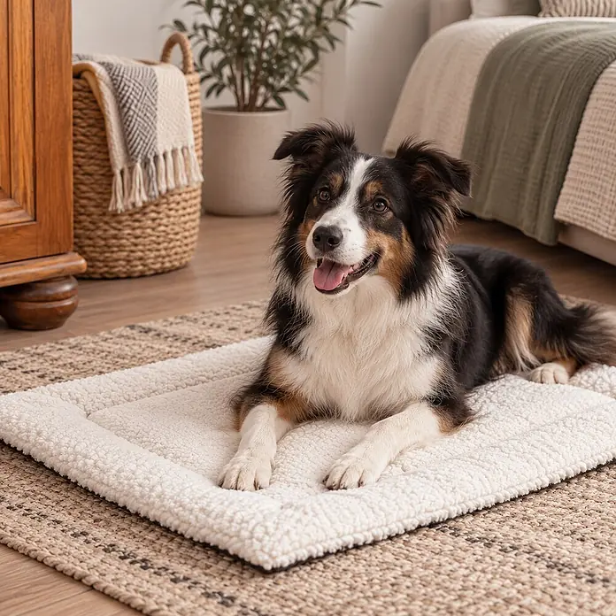 belviona Wendedecke für Hunde & Katzen, gepolstert & waschbar, 75x55 cm -  - Cremefarbenes, flauschiges Hundebett, ein glücklicher Border Collie liegt bequem darauf.