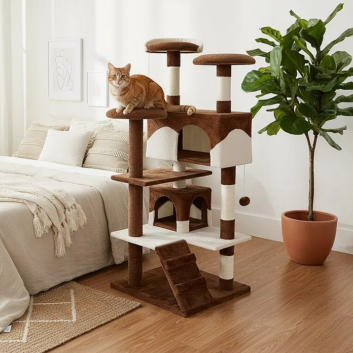 belviona Kratzbaum 130 cm mit Höhlen, Treppe & Spielbällen, braun/beige -  - Brauner und weißer Kratzbaum mit mehreren Ebenen und einer Katze auf der obersten Plattform, in einem modernen Schlafzimmer.