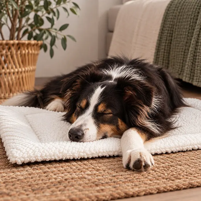 belviona Wendedecke für Hunde & Katzen, gepolstert & waschbar, 75x55 cm -  - Flauschige weiße Haustiermatte mit schlafendem Hund.