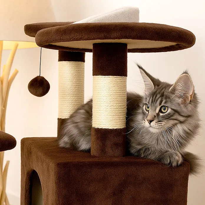 belviona Kratzbaum 130 cm mit Höhlen, Treppe & Spielbällen, braun/beige -  - Brauner Plüsch-Kratzbaum mit beigen Kratzstämmen, eine Katze ruht auf der mittleren Plattform.
