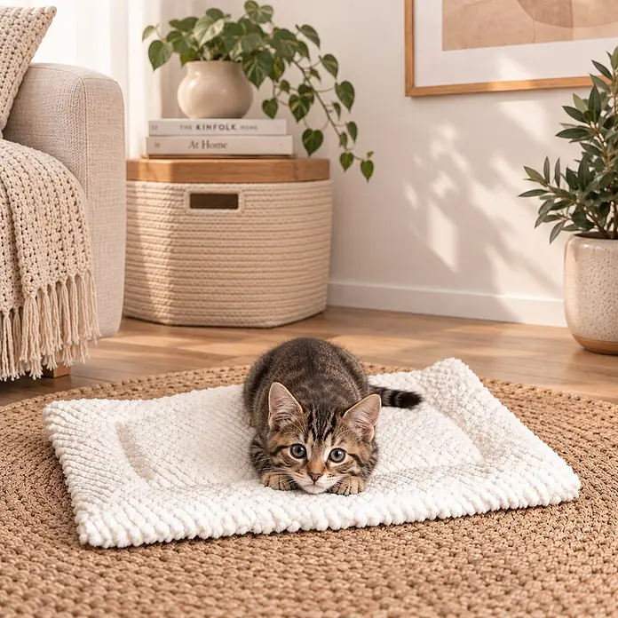 belviona Katzen-Wendedecke, gepolstert & waschbar, 50x35 cm -  - Flauschige weiße Haustiermatte auf einem geflochtenen Teppich, auf der eine getigerte Katze bequem ruht.