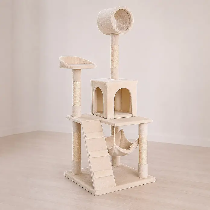 belviona Kratzbaum 133 cm mit Höhle, Hängematte & Treppe, beige -  - Beiger mehrstufiger Kratzbaum mit Sisalsäulen, Katzenhöhle, erhöhter Liegefläche, Rampe und Hängematte.