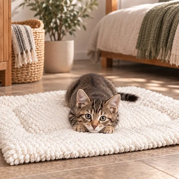 belviona Katzen-Wendedecke, gepolstert & waschbar, 50x35 cm -  - Weißer, flauschiger Haustiermatte mit Schlingenflor, als gemütlicher Ruheplatz für ein Kätzchen in einem Schlafzimmer.