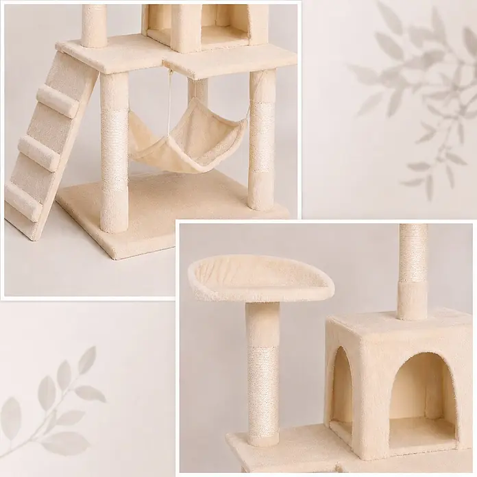 belviona Kratzbaum 133 cm mit Höhle, Hängematte & Treppe, beige -  - Mehrstufiger beigefarbener Kratzbaum mit Plüschbezug und Sisalstämmen, mit Hängematte, Leiter, Plattformen und gemütlichem Haus.