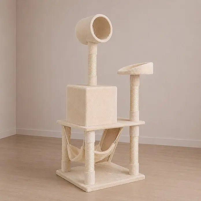 belviona Kratzbaum 133 cm mit Höhle, Hängematte & Treppe, beige -  - Beiger, mehrstufiger Katzenkratzbaum mit Höhle, Liegeflächen, Hängematte und Kratzsäulen.
