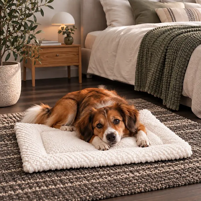 belviona Wendedecke für Hunde & Katzen, gepolstert & waschbar, 60x45 cm -  - Ein flauschiges, weißes, rechteckiges Haustierkissen auf einem gemusterten Teppich, auf dem ein Hund bequem liegt.