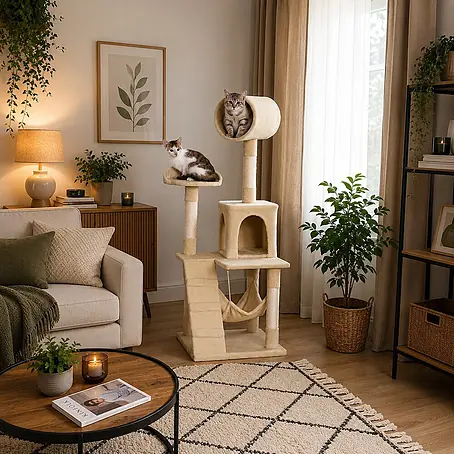 belviona Kratzbaum 133 cm mit Höhle, Hängematte & Treppe, beige