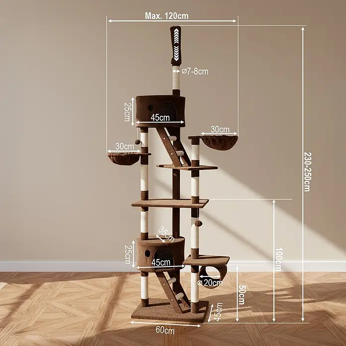 belviona XXL-Kratzbaum mit Deckenspanner, 230-250 cm, braun -  - Großer, mehrstufiger brauner Plüsch-Katzenkratzbaum mit Sisal-Kratzstämmen, zwei Höhlen, zwei Liegekörben und Rampe, Maße sind sichtbar.
