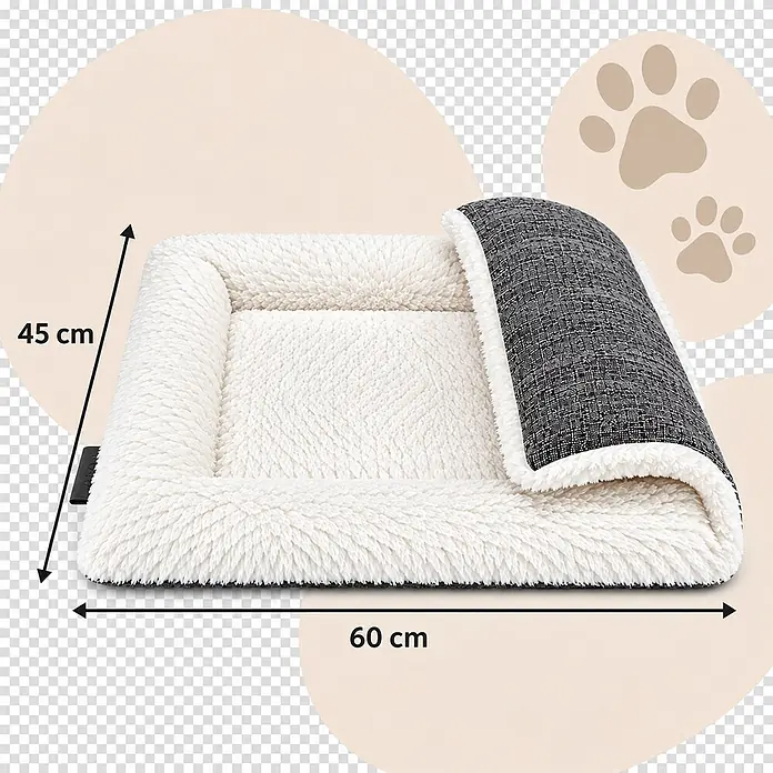 belviona Katzen-Wendedecke, gepolstert & waschbar, 60x45 cm -  - Cremefarbenes, flauschiges Haustierbett mit weichen Rändern und dunkelgrauer gemusterter Rückseite, aufgerollt gezeigt. Maße: 60 cm x 45 cm.