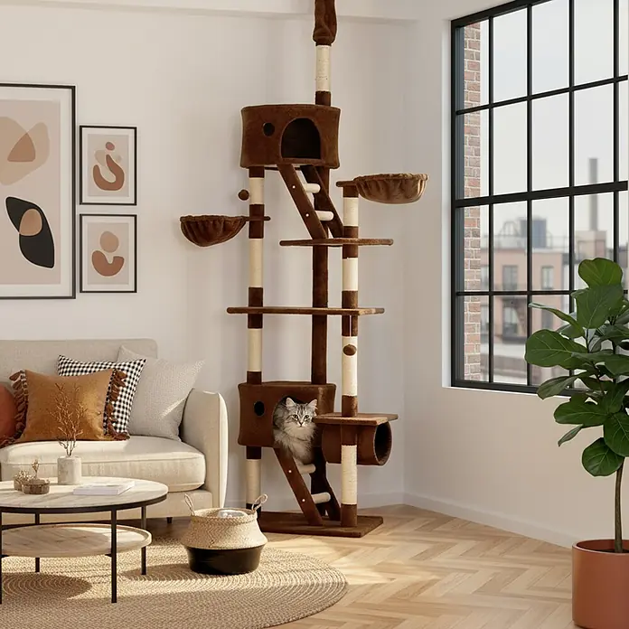 belviona XXL-Kratzbaum mit Deckenspanner, 230-250 cm, braun -  - Großer braun-beiger Katzenkratzbaum mit mehreren Ebenen, Kratzpfosten und Plüschhöhlen, in einem modernen Wohnzimmer mit Katze.