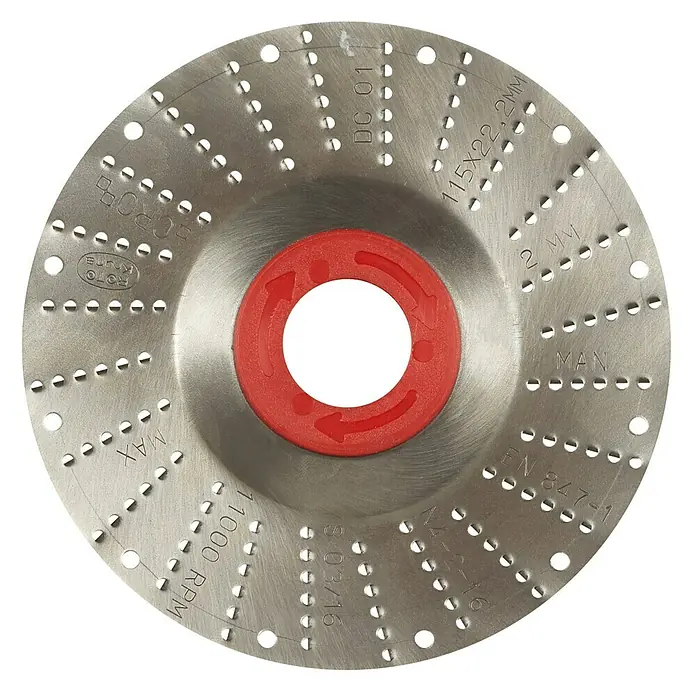 Roto Kruna Rotoraspel - 115 mm, Mittel - Ein kreisförmiges Schneidwerkzeug aus Metall mit roten Akzenten und Lochmuster, ideal für präzise Schneidarbeiten.
