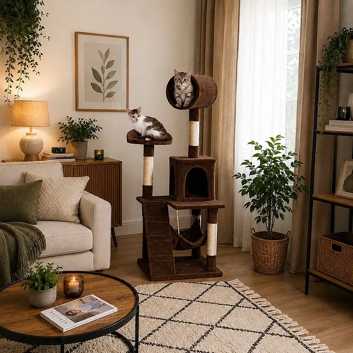 belviona Kratzbaum 133 cm mit Höhle, Hängematte & Treppe, braun -  - Brauner mehrstufiger Katzenbaum mit Kratzbäumen, Katzenhaus und Hängematte, von zwei Katzen im Wohnzimmer genutzt.