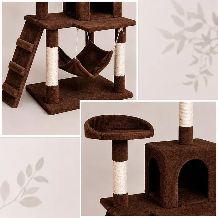 belviona Kratzbaum 133 cm mit Höhle, Hängematte & Treppe, braun -  - Brauner, mehrstufiger Katzenkratzbaum mit Kratzpfosten, Hängematte, Leiter und Katzenhaus, bezogen mit weichem Strukturstoff und Sisalseil.