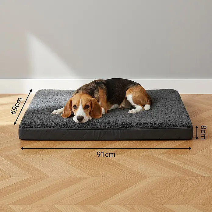 belviona Hundebett 91x69 cm, orthopädisch, Bezug waschbar, schwarz -  - Graues Hundebett mit einem Beagle darauf, Maße 91x69x8cm.