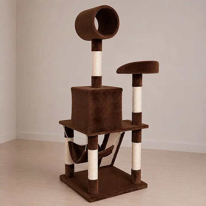 belviona Kratzbaum 133 cm mit Höhle, Hängematte & Treppe, braun -  - Ein mehrstufiger brauner Kratzbaum aus Plüschstoff mit Sisal-Kratzsäulen, Versteckbox, Tunnelliege und Hängematte.