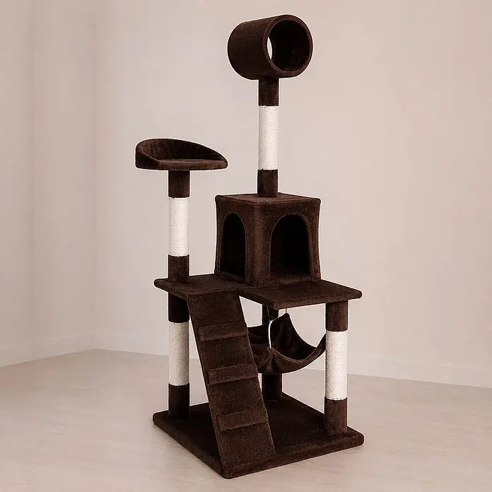 belviona Kratzbaum 133 cm mit Höhle, Hängematte & Treppe, braun -  - Brauner Mehrstufen-Kratzbaum mit Kratzsäulen, Höhle, Hängematte und Liegefläche.