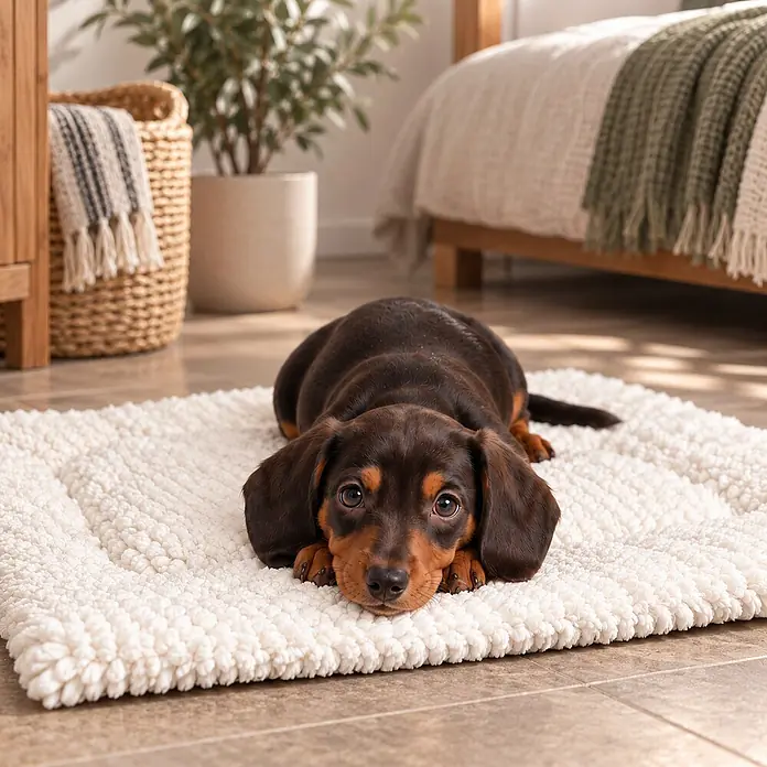 belviona Wendedecke für Hunde & Katzen, gepolstert & waschbar, 50x35 cm -  - Komfortable weiße zottelige rechteckige Hundematte mit einem braunen und lohfarbenen Welpen, der zu Hause darauf ruht.