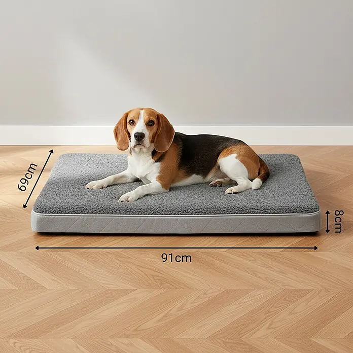 belviona Hundebett 91x69 cm, orthopädisch, Bezug waschbar, anthrazit -  - Graues Hundebett mit einem Beagle darauf, Maße: 91 cm L x 69 cm B x 8 cm H.