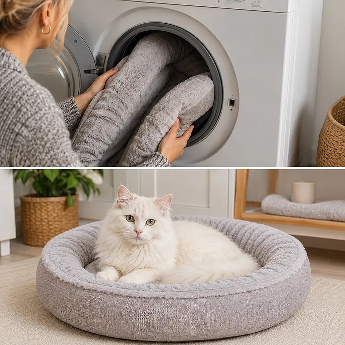 belviona Katzenbett 55 cm, abnehmbarer Bezug, waschbar & rutschfest, grau -  - Waschbares graues Haustierbett mit weicher Textur, gezeigt beim Einlegen in die Waschmaschine und mit einer Katze darin.