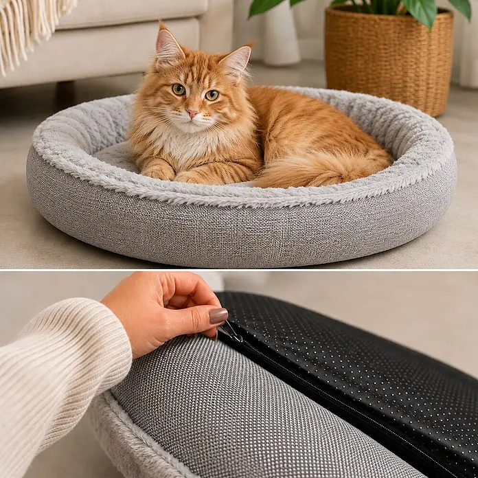 belviona Katzenbett 55 cm, abnehmbarer Bezug, waschbar & rutschfest, grau -  - Graues, rundes Haustierbett mit flauschigem Rand, gezeigt mit einer orangefarbenen Katze und einer Hand, die den abnehmbaren, rutschfesten Bezug öffnet.