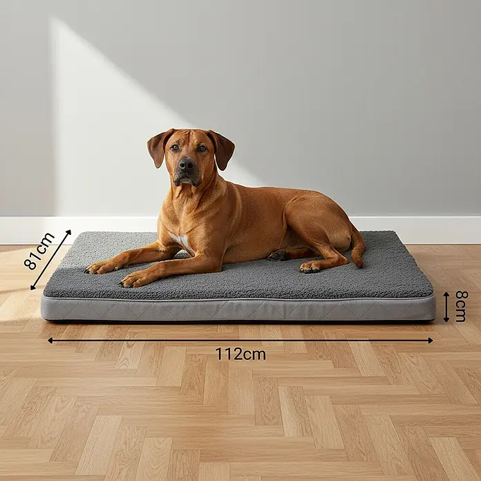 belviona Hundebett 112x81 cm, orthopädisch, Bezug waschbar, anthrazit -  - Ein brauner Hund ruht auf einer weichen, grauen Haustiermatte (112x81x8cm). Zeigt die Größe und den Komfort der Matte für große Haustiere.