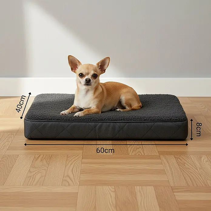 belviona Hundebett 60x40 cm, orthopädisch, Bezug waschbar, schwarz -  - Dunkelgraues Hundebett mit strukturierter Oberfläche und gesteppten Seiten, 60x40x8cm groß. Ein kleiner Hund liegt darauf.