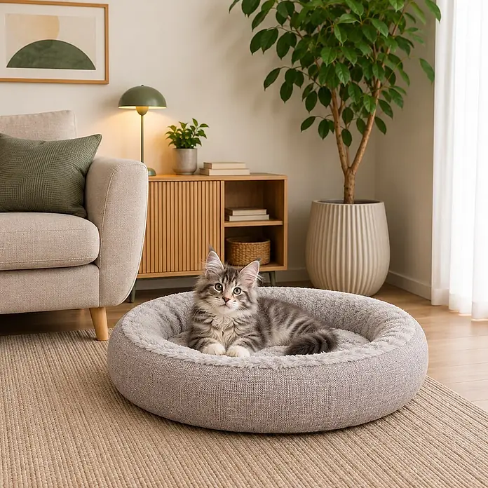 belviona Katzenbett 55 cm, abnehmbarer Bezug, waschbar & rutschfest, grau -  - Rundes, graues Haustierbett mit flauschiger Innenseite, gemütlich für eine Katze im Wohnzimmer.