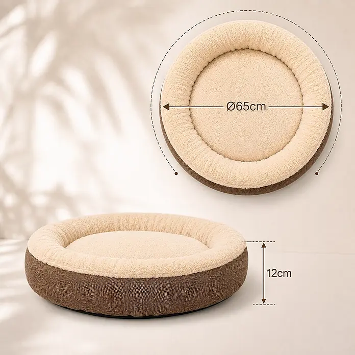 belviona Katzenbett 65 cm, abnehmbarer Bezug, waschbar & rutschfest, braun -  - Rundes Haustierbett aus beigefarbenem Plüsch und braunem Stoff, Ø 65cm und 12cm hoch.