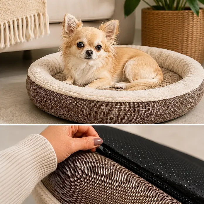 belviona Hundebett rund 55 cm, abnehmbarer Bezug waschbar, braun -  - Ein kleiner Hund liegt in einem runden, braun-cremefarbenen Hundebett. Das Bett hat einen abnehmbaren Bezug mit Reißverschluss an der schwarzen Antirutschunterseite.