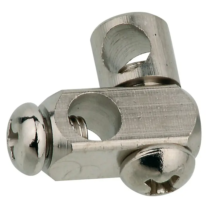 Gelenkstück - Metall - Nahaufnahme einer Drahtseilklemme aus Metall mit Schrauben, die zur Befestigung von Drahtseilen verwendet wird.