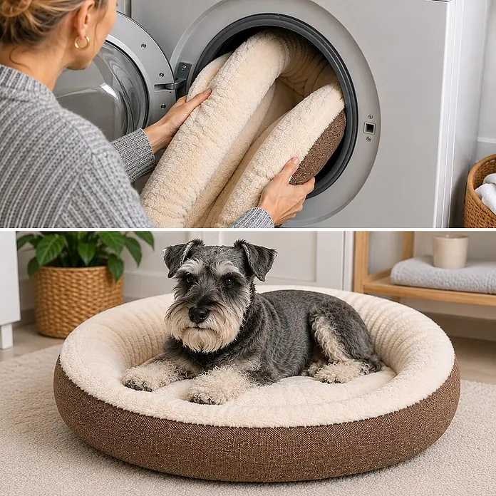belviona Hundebett rund 55 cm, abnehmbarer Bezug waschbar, braun -  - Plüschiges, waschbares Hundebett in Beige und Braun. Ein Hund liegt darin; eine Person legt es in die Waschmaschine.