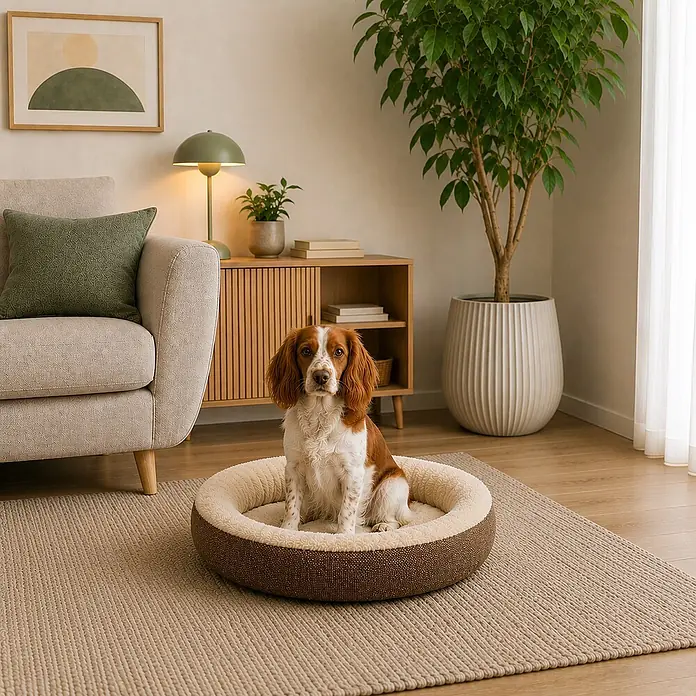 belviona Hundebett rund 65 cm, abnehmbarer Bezug waschbar, braun -  - Ein braunes und cremefarbenes Plüschhundebett mit einem bequem darin sitzenden Hund, auf einem Teppich in einem Wohnzimmer.