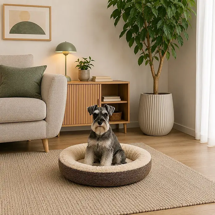 belviona Hundebett rund 55 cm, abnehmbarer Bezug waschbar, braun -  - Rundes, braun-beiges Plüsch-Hundebett mit einem Zwergschnauzer, der bequem darin sitzt.