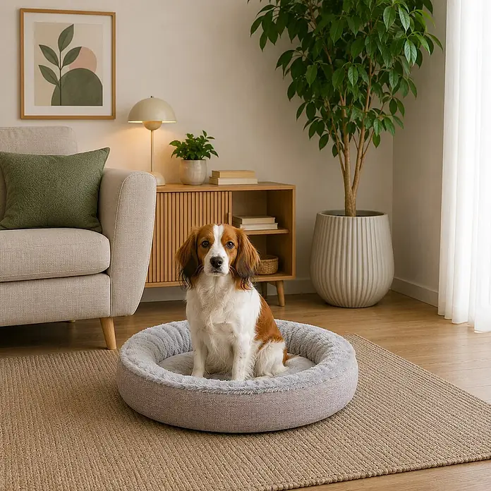 belviona Hundebett rund 65 cm, abnehmbarer Bezug waschbar, grau -  - Beigefarbenes und graues Hundebett mit gewebter Außenseite und Plüsch-Innenseite, in dem ein Hund in einem Wohnzimmer sitzt.