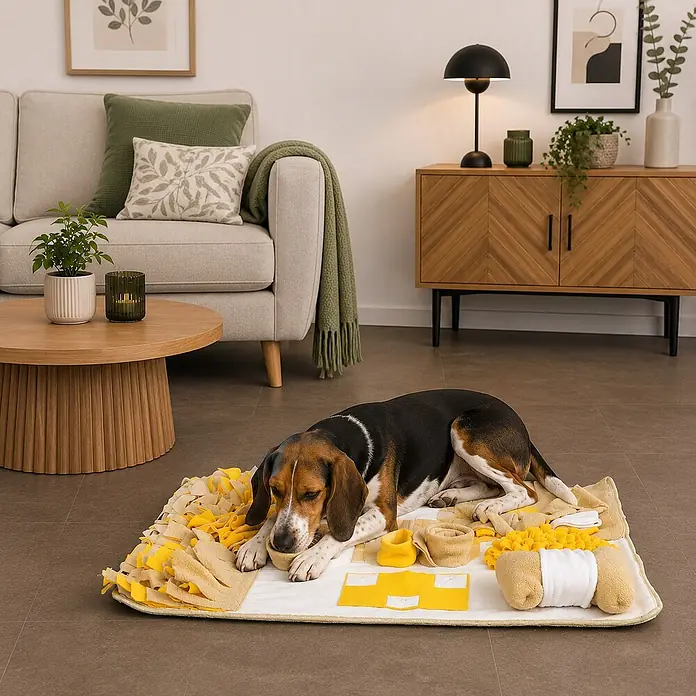 belviona Schnüffelmatte für Hunde, Futtersuche & Geruchstraining, 70x60 cm -  - Weiß-gelbe Schnüffelmatte für Hunde aus Stoff, von einem Beagle zur mentalen Stimulation und Leckerlisuche genutzt.