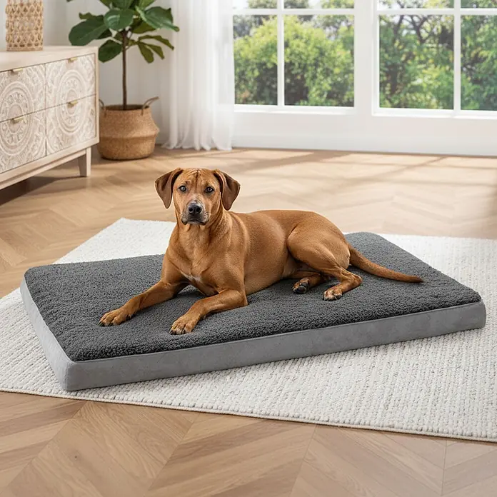 belviona Hundebett 112x81 cm, orthopädisch, Bezug waschbar, anthrazit -  - Ein brauner Hund liegt bequem auf einem großen, grauen Hundebett mit weicher, texturierter Oberfläche.