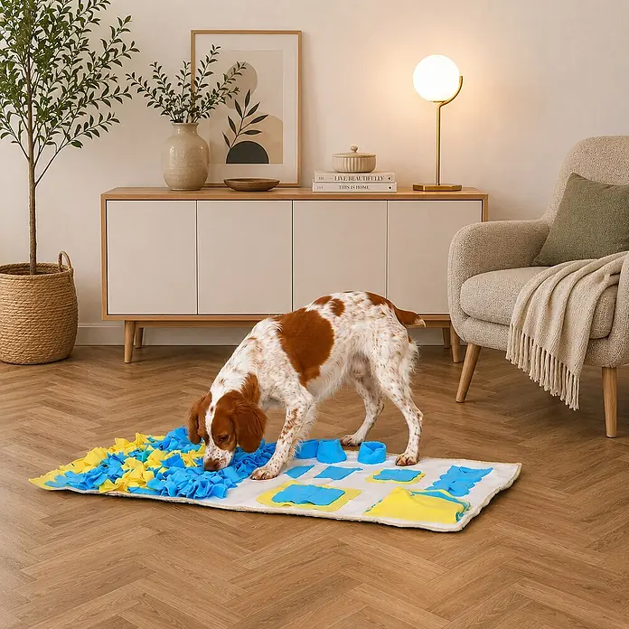 belviona Schnüffelmatte für Hunde, Futtersuche & Geruchstraining, 100x60 cm -  - Ein Hund schnüffelt an einer blau-gelben Schnüffelmatte aus Stoff auf einem Holzboden.