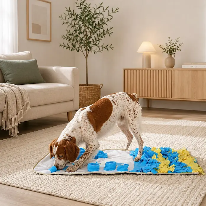 belviona Schnüffelmatte für Hunde, Futtersuche & Geruchstraining, 100x60 cm -  - Ein braun-weißer Hund schnüffelt an einer weißen Schnüffelmatte mit blauen Taschen und blauen und gelben Stoffstreifen, auf der Suche nach Leckerlis.