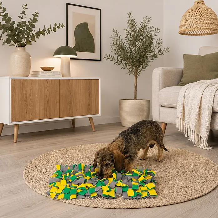 belviona Schnüffelmatte für Hunde, Futtersuche & Geruchstraining, 50x34 cm -  - Ein brauner Hund schnüffelt an einem Schnüffelteppich aus gelben, grünen und grauen Stoffstreifen, der für Suchspiele und Leckerlis gedacht ist.