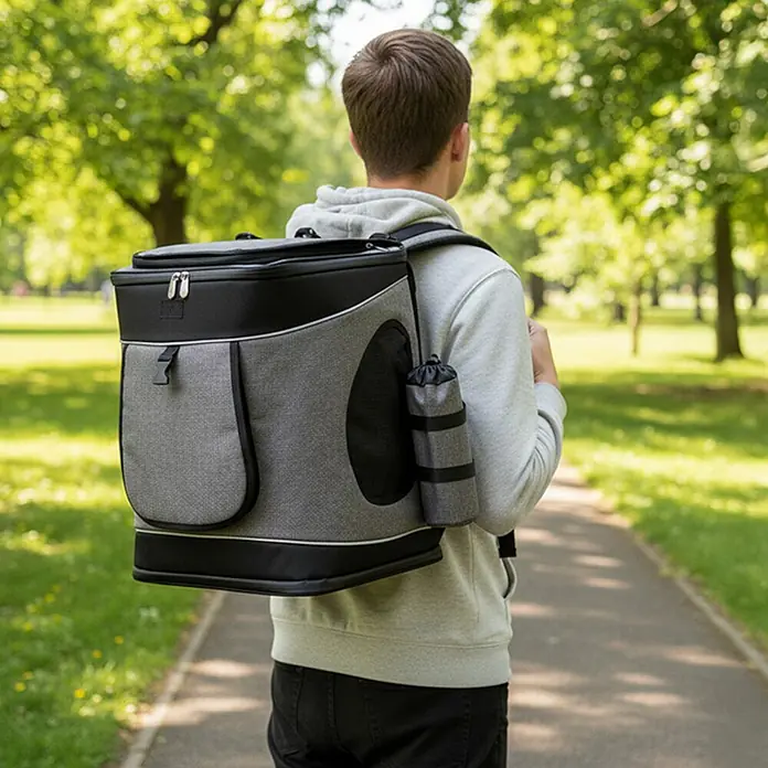 belviona Rucksack für Hunde & Katzen mit Belüftung & Regenschutz, schwarz -  - Person spaziert draußen, trägt einen grau-schwarzen Haustier-Transportrucksack mit Seitentasche und Flaschenhalter.
