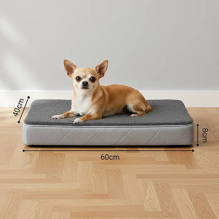 belviona Hundebett 60x40 cm, orthopädisch, Bezug waschbar, anthrazit -  - Graues Hundebett mit Chihuahua, zeigt Maße 60x40x8cm.