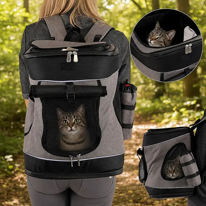 belviona Katzenrucksack mit Belüftung & Regenschutz,schwarz -  - Grau-schwarzer Haustiertransportrucksack, von Person auf Waldweg getragen, mit getigerter Katze, die aus Netzfenster schaut.