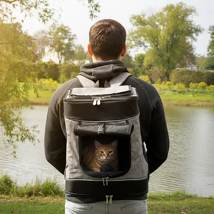 belviona Rucksack für Hunde & Katzen mit Belüftung & Regenschutz, schwarz -  - Grau-schwarzer Haustier-Transportrucksack, von einer Person getragen, mit einer orangefarbenen Katze, die am See herausschaut.