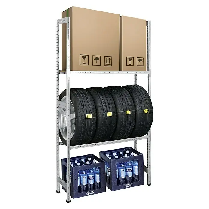 Scholz System Reifenregal - H x B x T: 192 x 105 x 32 cm, Traglast pro Träger: 150 kg, Anzahl Böden: 1 Stk., Stecken, Silber - Warenregal mit Kartons, Autoreifen und Wasserflaschen. Ideal zur Aufbewahrung. Robust und vielseitig.