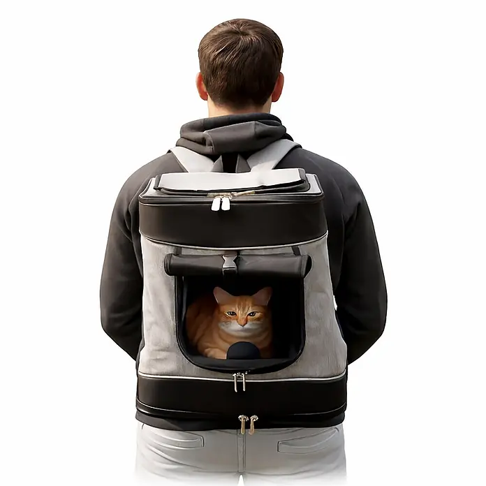 belviona Rucksack für Hunde & Katzen mit Belüftung & Regenschutz, schwarz -  - Grau-schwarzer Katzenrucksack, von einer Person getragen, mit einer orangefarbenen Katze, die aus dem Fenster schaut.