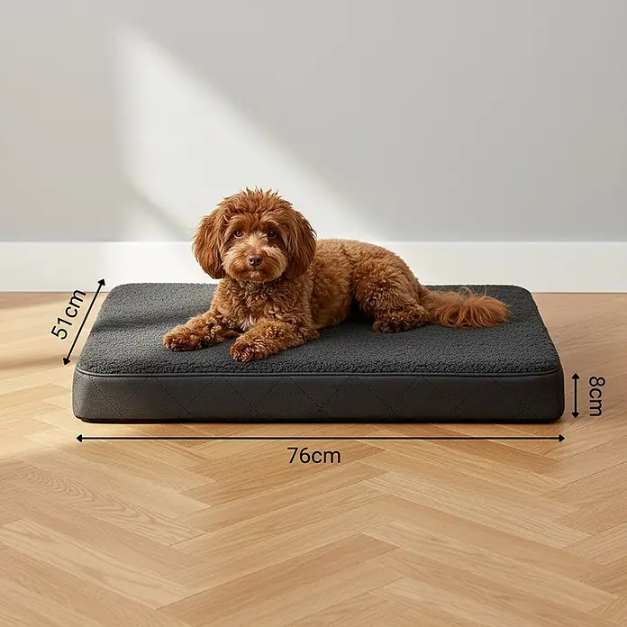 belviona Hundebett 76x51 cm, orthopädisch, Bezug waschbar, schwarz -  - Dunkelgraues Haustierbett mit texturierter Oberseite und gesteppten Seiten, 76x51x8 cm, mit einem braunen Hund darauf.