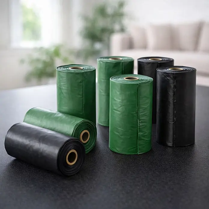 belviona Hundekotbeutel 300 Stück, reißfest & auslaufsicher, duftfrei -  - Grüne und schwarze Kotbeutelrollen mit goldenen Kernen, teils stehend, teils liegend, auf einem dunklen Tisch in Innenräumen.