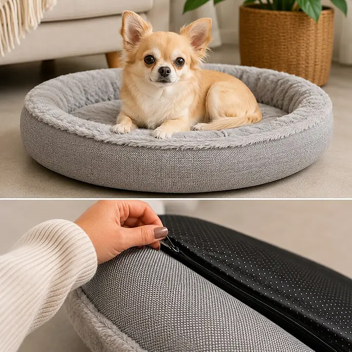 belviona Hundebett rund 55 cm, abnehmbarer Bezug waschbar, grau -  - Graues, rundes Haustierbett mit ruhendem Chihuahua. Die Unterseite zeigt eine rutschfeste Basis und einen Reißverschluss zum einfachen Waschen.